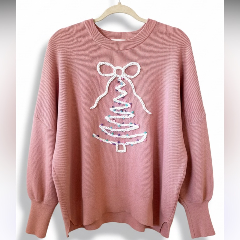 Hand Drawn and Embroidered Pink Holiday Bow Tree Sweater XL - Picture 10 of 10